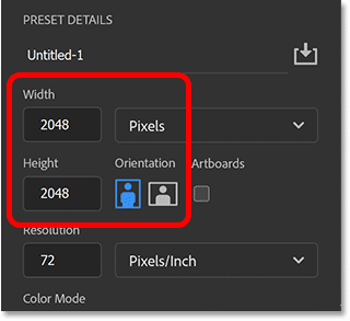 Đặt chiều rộng và chiều cao của tài liệu Photoshop mới thành 2048 pixel.