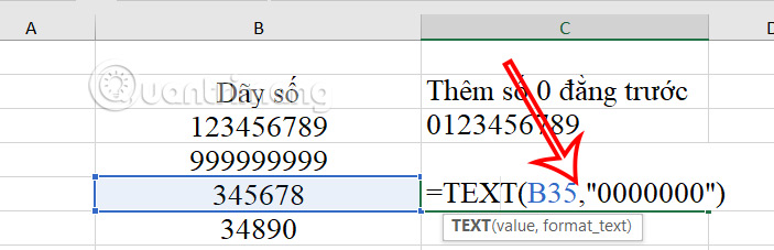 Chỉnh công thức hàm text thêm số 0 trong Excel