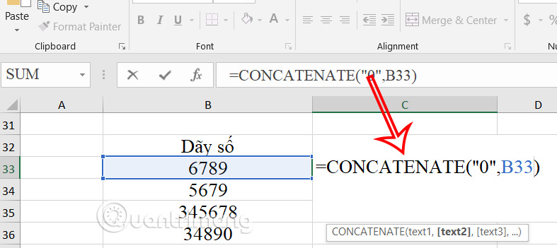 Thêm số 0 trước dãy số Excel bằng hàm CONCATENATE
