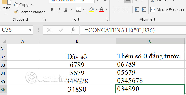 Hàm CONCATENATE thêm số 0 đầu dãy