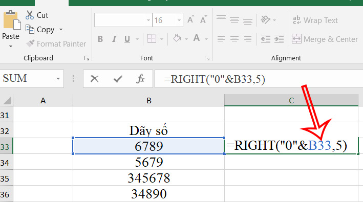Thêm số 0 đằng trước Excel bằng hàm RIGHT