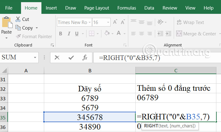 Hàm RIGHT thêm số 0