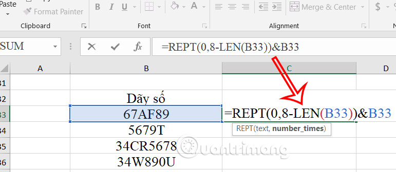 Thêm số 0 đằng trước Excel bằng hàm hàm REPT và LEN