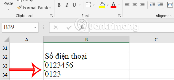 Thêm dấu nháy trước số 0 trong Excel