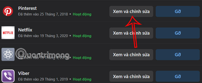 Xem quyền truy cập ứng dụng Facebook 