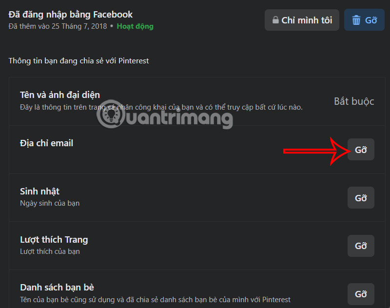 Gỡ quyền truy cập ứng dụng Facebook 