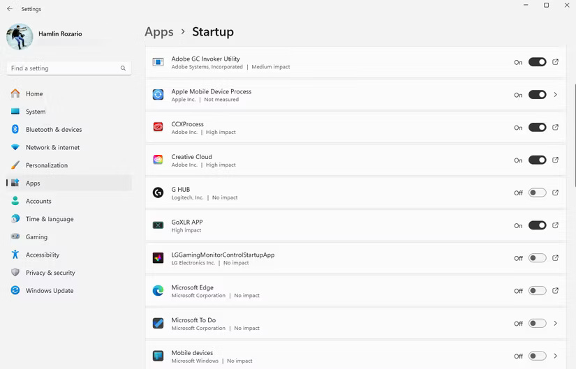 Menu Startup Apps trong Windows 11