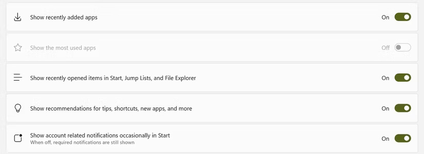 Tắt nút chuyển đổi cho các đề xuất ứng dụng khởi động và các tùy chọn khác trong ứng dụng Settings trên Windows.