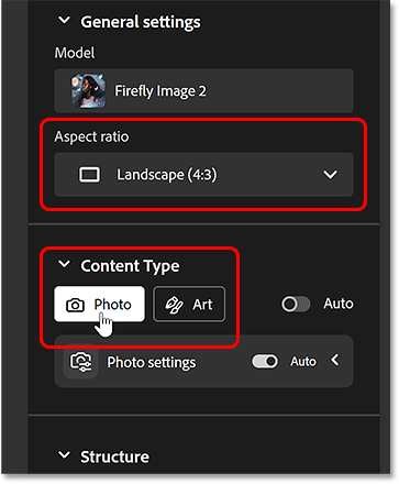 Thay đổi cài đặt Aspect ratio và Content Type.