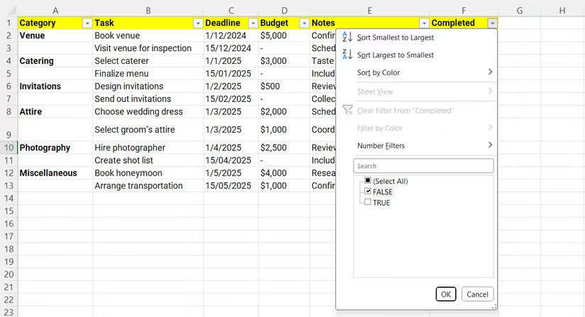 Lọc danh sách nhiệm vụ trong Excel dựa trên việc checkbox đã được đánh dấu hay chưa.