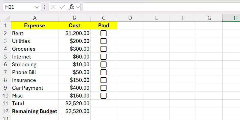 Mẫu ngân sách sử dụng checkbox trong Excel.