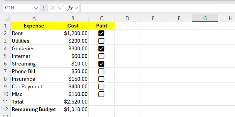 Mẫu ngân sách trong Excel với một số ô kiểm đã được đánh dấu.