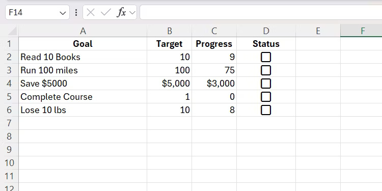 Một trình theo dõi mục tiêu đơn giản trong Excel sử dụng checkbox.