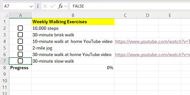 Trình theo dõi thử thách luyện tập đơn giản trong Excel sử dụng checkbox để theo dõi tiến trình.