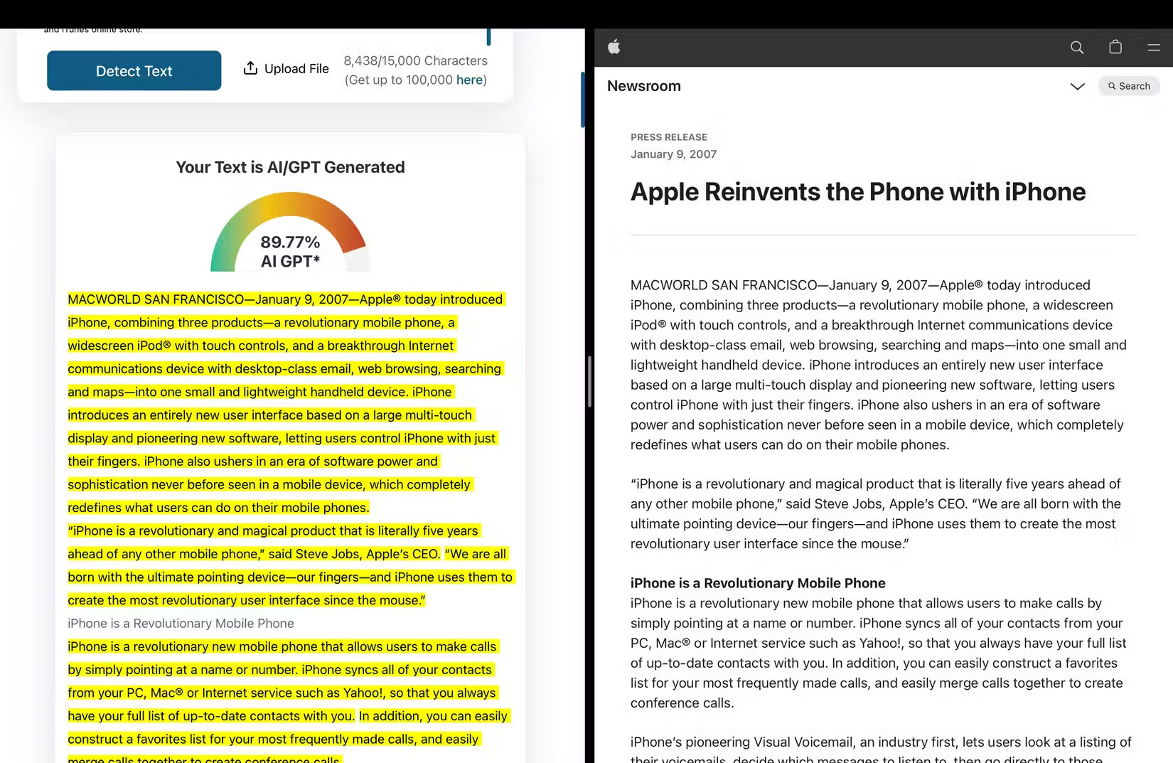 Chạy bản thông cáo báo chí iPhone đầu tiên của Apple qua một công cụ phát hiện AI