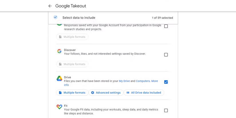 Chọn Google Drive trong Google Takeout