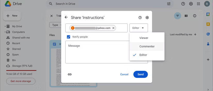 Thiết lập vai trò khi chia sẻ file Google Drive