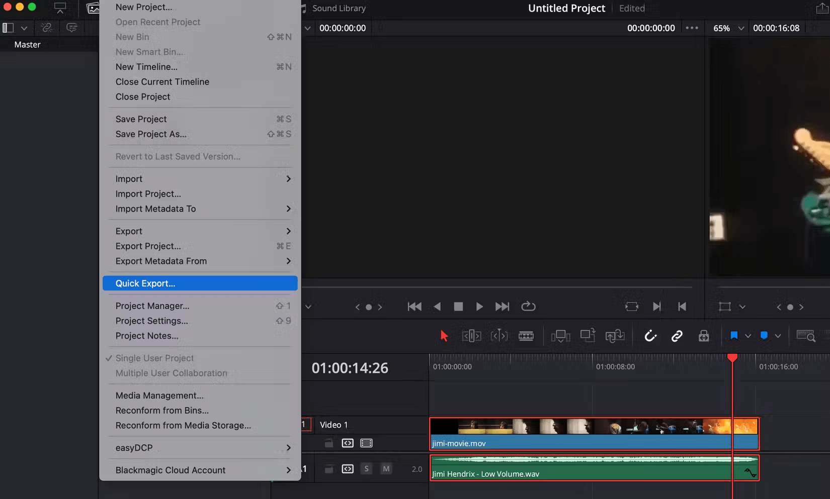 Menu xuất nhanh của DaVinci Resolve
