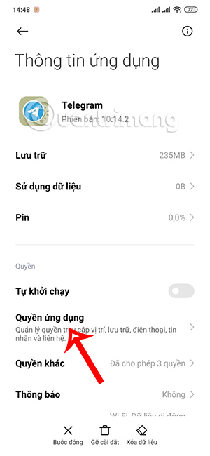 Quyền ứng dụng Telegram truy cập