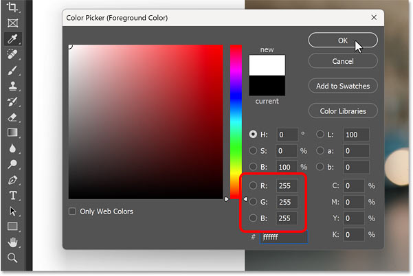 Chọn màu mờ dần từ Color Picker của Photoshop.