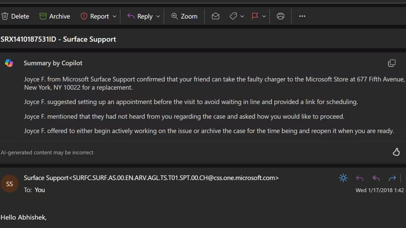Tóm tắt chuỗi email của Copilot trong Outlook