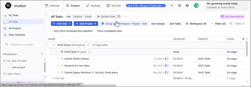 Chế độ xem Project của Motion