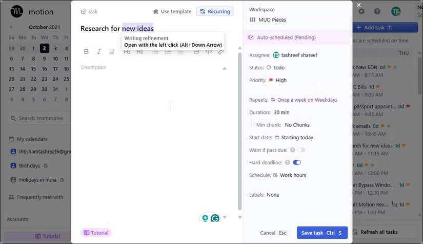 Hộp thoại Create task của Motion