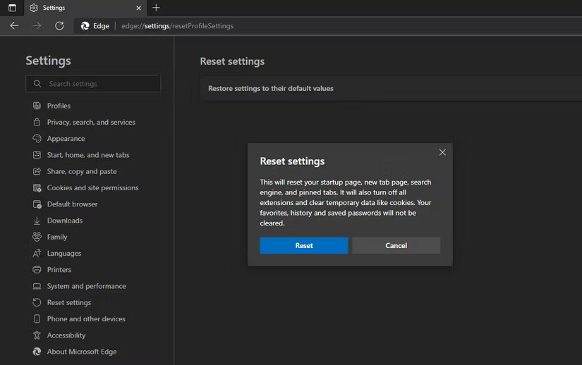 Reset trình duyệt Microsoft Edge trong Settings