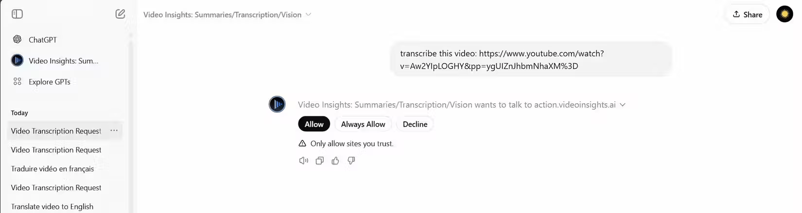 Yêu cầu cấp quyền trên Video Insights