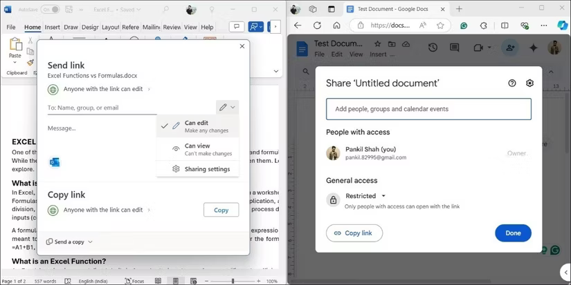 Tùy chọn chia sẻ tài liệu trong Word và Docs