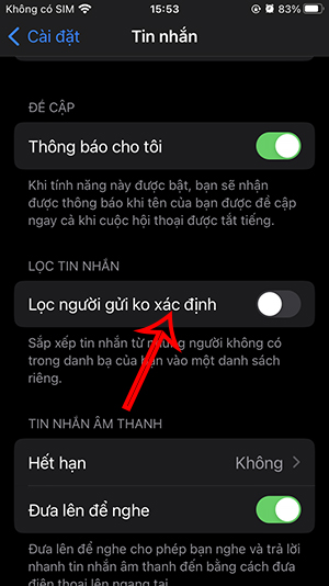 Tắt lọc người gửi không xác định 