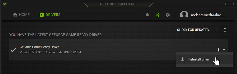 Ứng dụng Nvidia GeForce Experience với tùy chọn Reinstall driver trong Windows 11