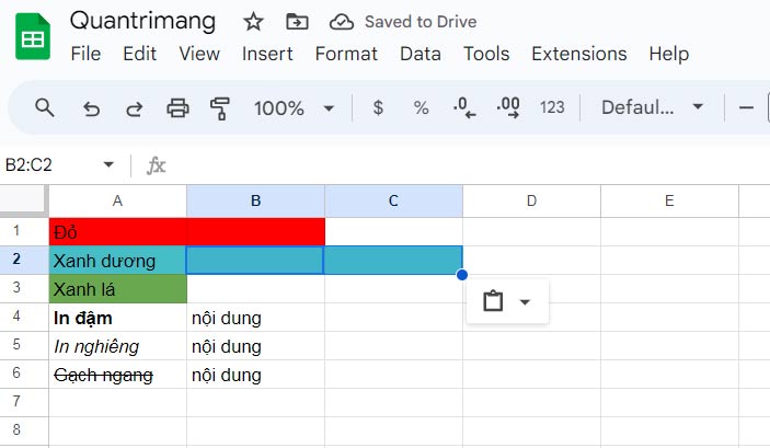 Sao chép định dạng màu cho nhiều ô trong Google Sheets