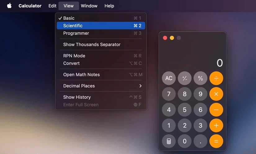 Truy cập máy tính khoa học trong ứng dụng Calculator macOS.