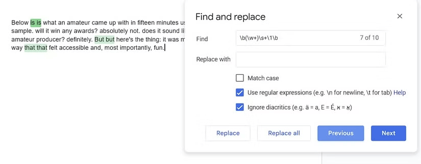 Find duplicate words in Google Docs using Regex