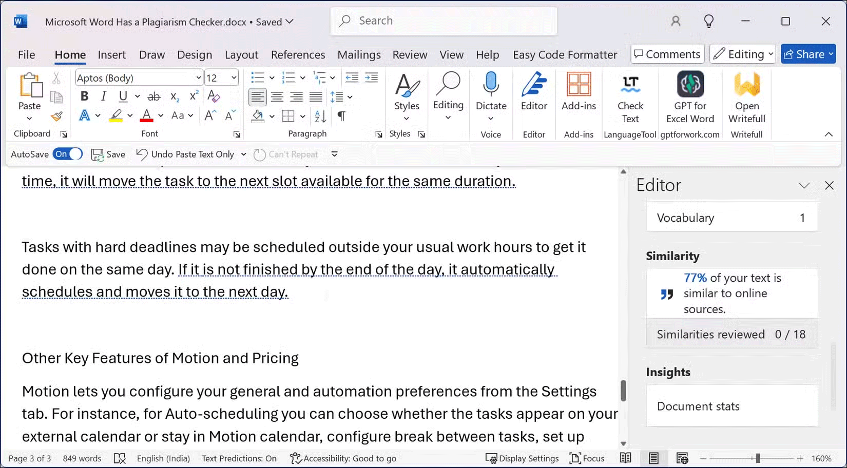 Trình kiểm tra Similarity của Microsoft Editor đang hoạt động trong ứng dụng Word trên Windows 11