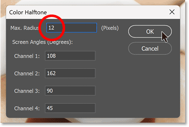 Thay đổi kích thước chấm tối đa cho bộ lọc Color Halftone trong Photoshop