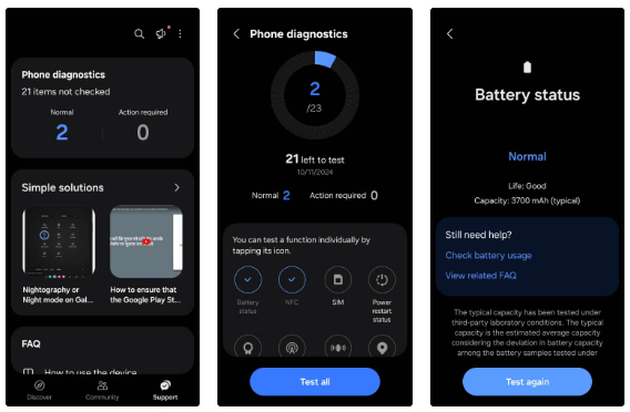 Ứng dụng Samsung Members hiển thị trạng thái pin trên điện thoại Galaxy