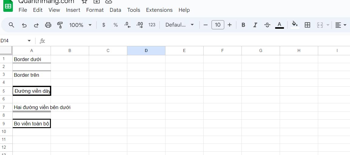 Các kiểu đường viền trong Google Sheets