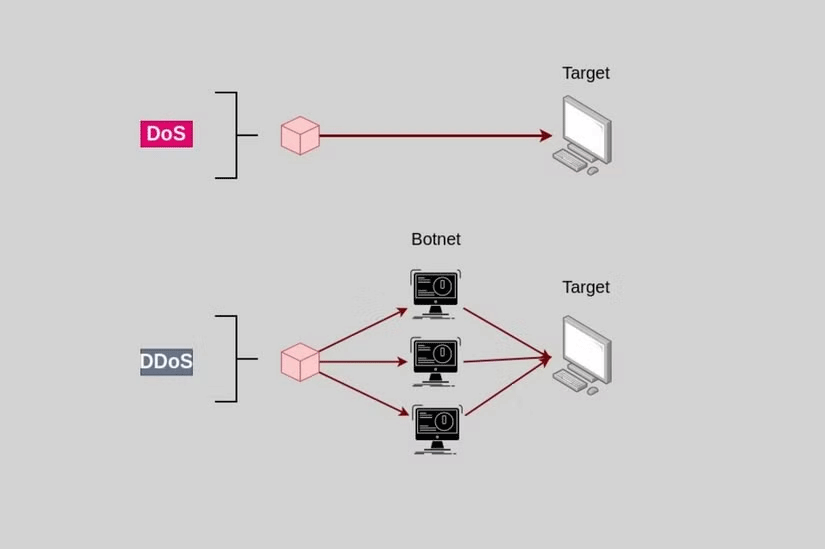 Sơ đồ cho thấy sự khác biệt giữa DoS và DDoS