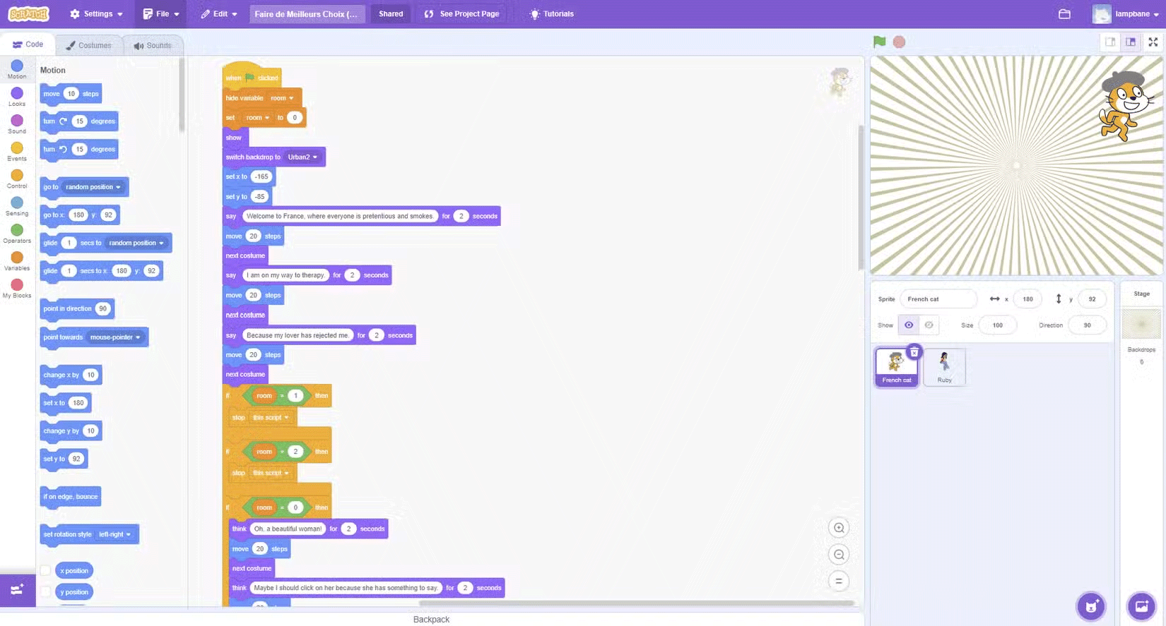 Scratch trong trình duyệt hiển thị các block code nhiều màu ở bên trái màn hình