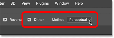 Tùy chọn Dither và Method mặc định cho Gradient Tool trong Photoshop.