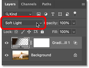 Thay đổi blend mode của layer Gradient Fill thành Soft Light.