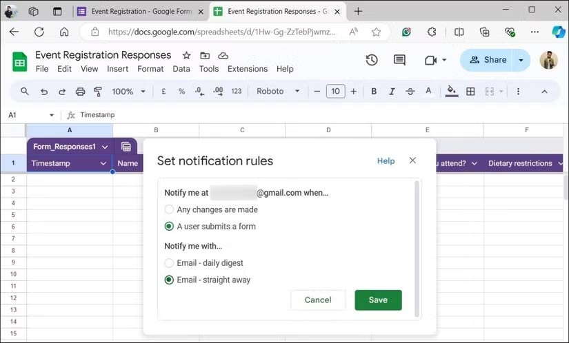 Thiết lập thông báo cho Google Sheets
