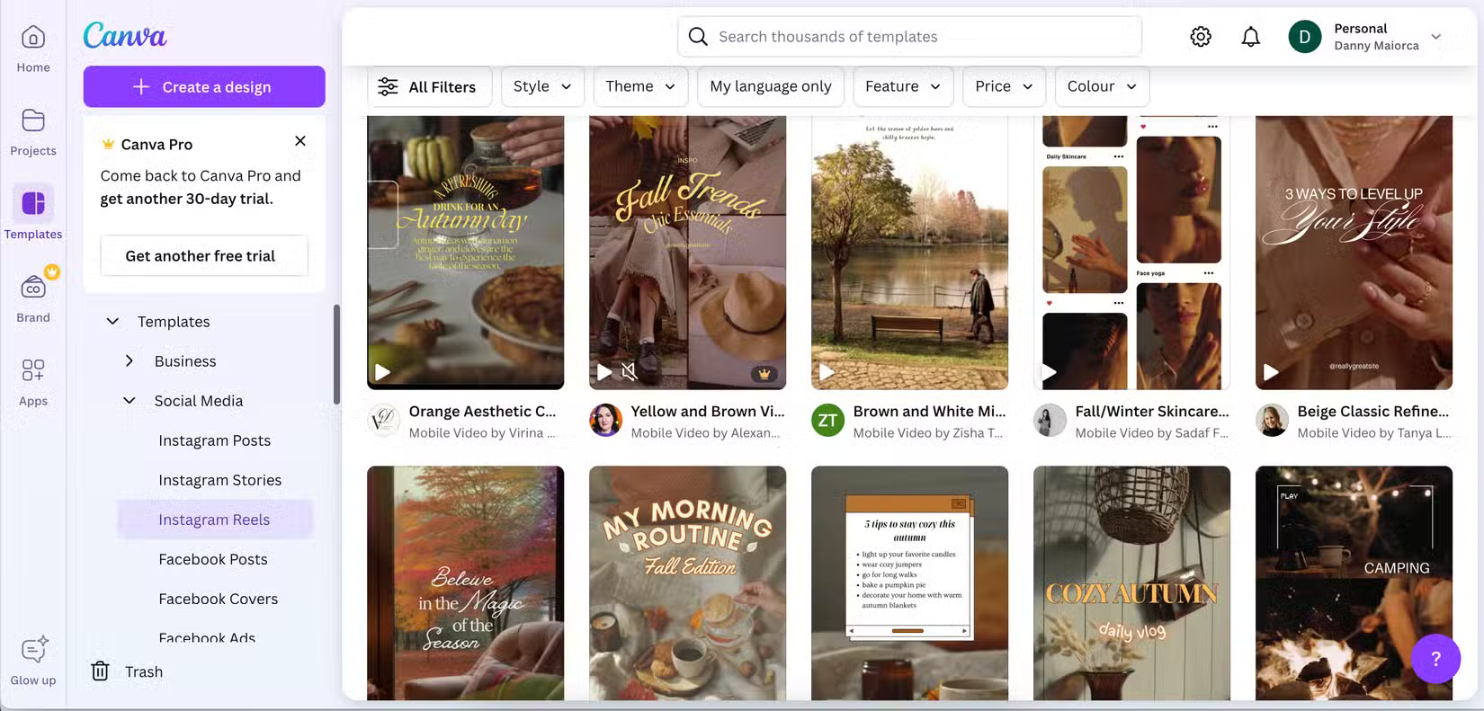 Các template Instagram Reels khác nhau trong Canva