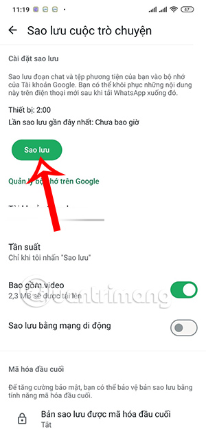 Sao lưu WhatsApp sao lưu Google Drive