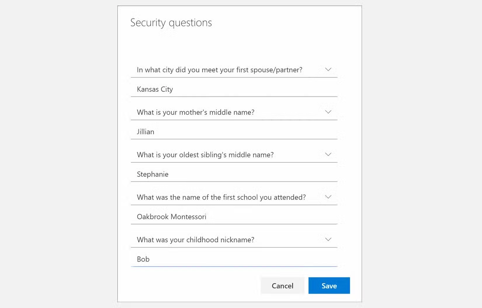 Ví dụ về câu hỏi bảo mật của Microsoft