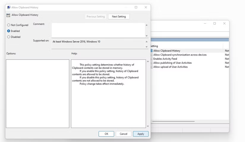 Bật Clipboard History trong Group Policy Editor