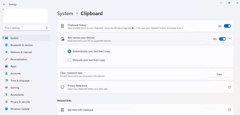 Bật đồng bộ trong cài đặt Clipboard History 