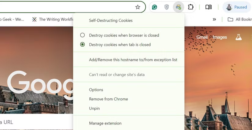 Menu tiện ích mở rộng Self-Destructing Cookies